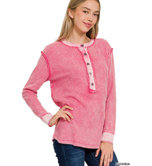 Waffle Knit Henley in Fuchsia