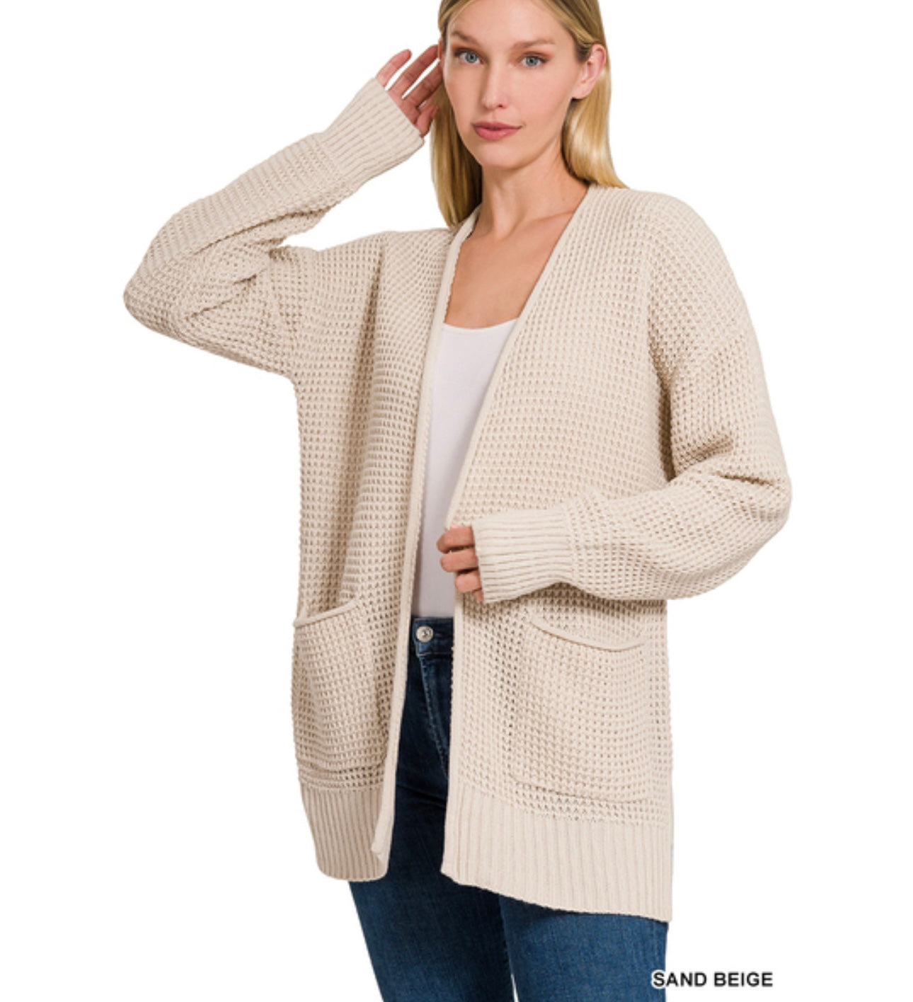 Stella Waffle Cardigan in Sand Beige