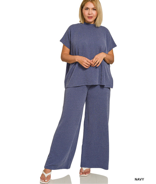 Layna Ribbed Two Piece Set in Navy - Curvy