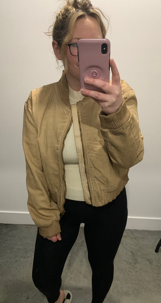 Colored Denim Bomber Jacket in Camel