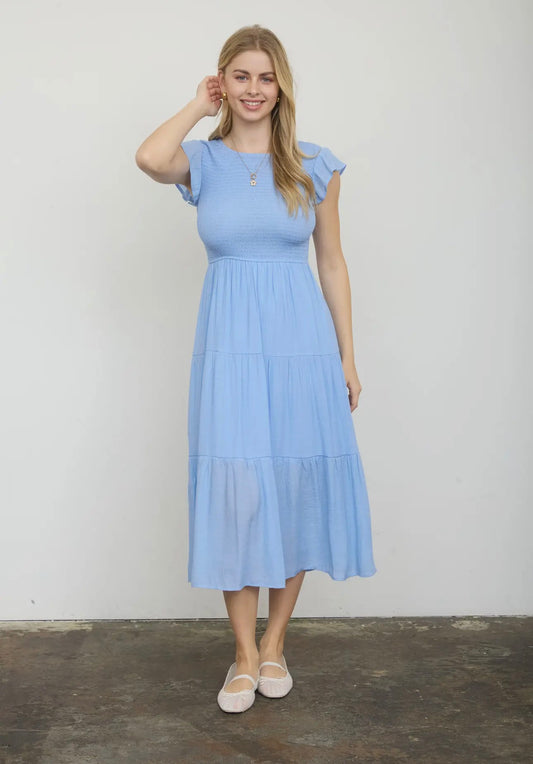Tiered Smocked Short Sleeve Midi Dress- Blue