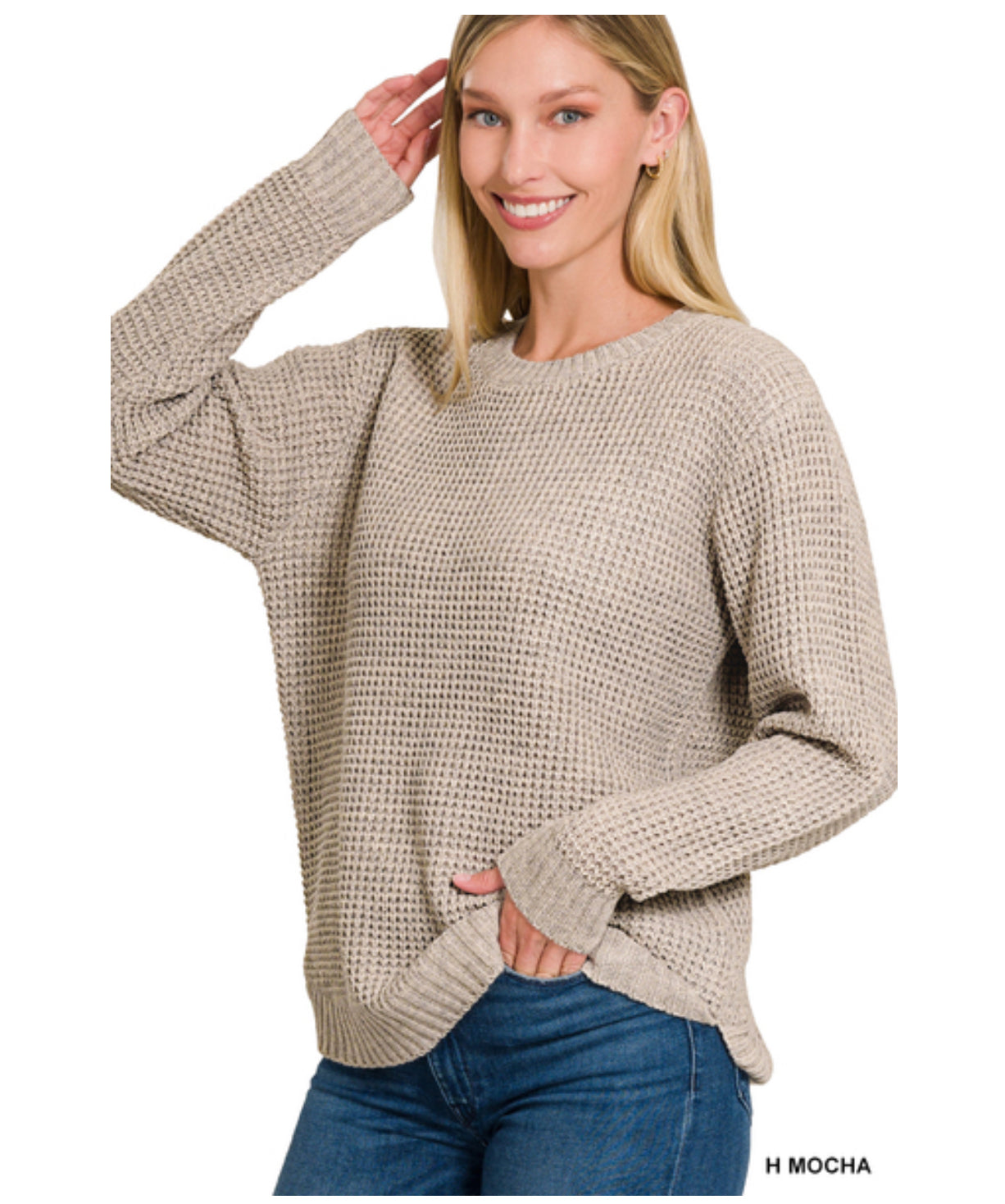 Moxi Waffle Knit Sweater in Heather Mocha