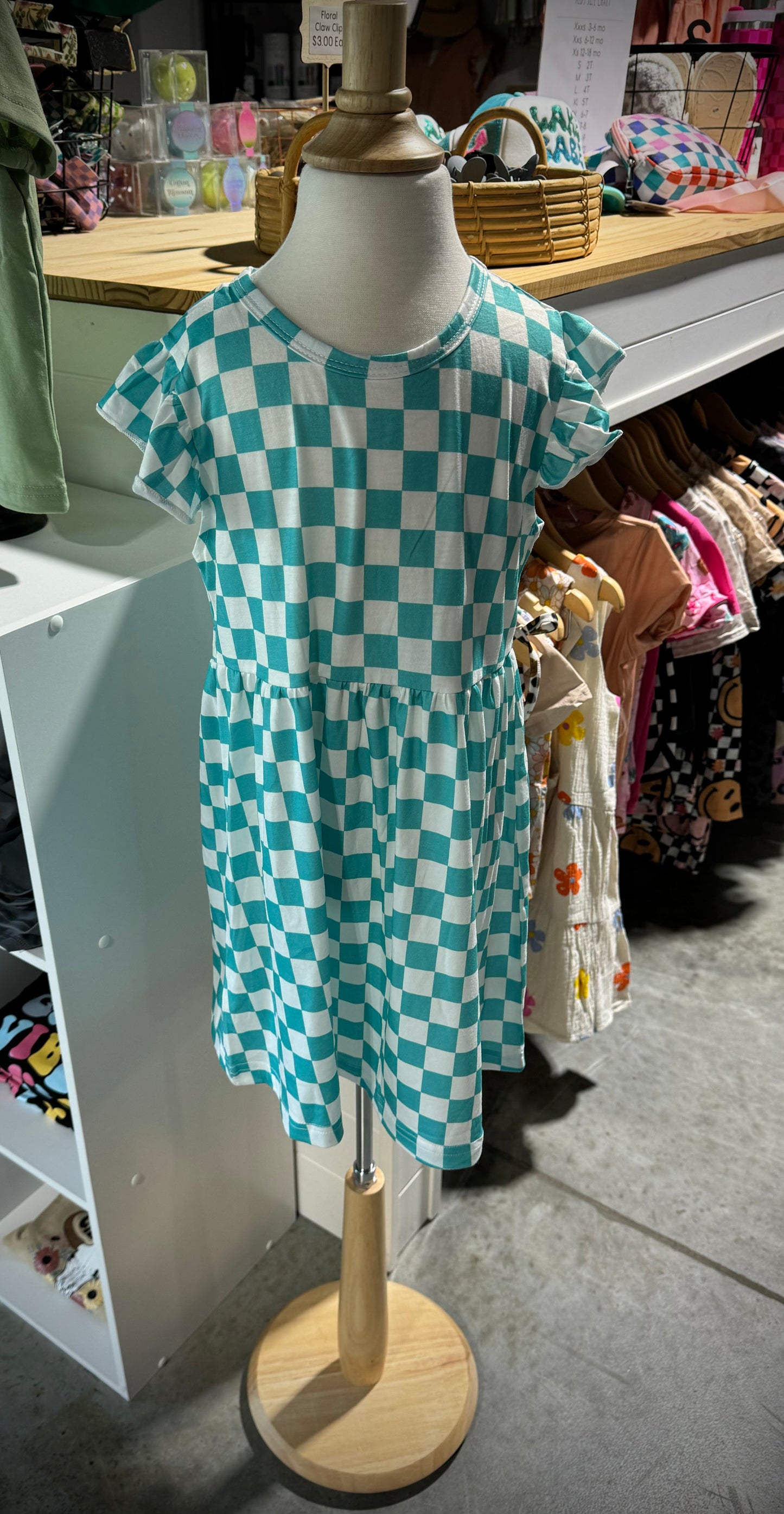 Kids Teal Check Print Dress