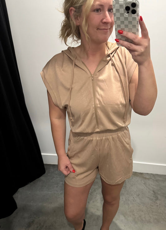 Half Zip Hooded Romper in Taupe