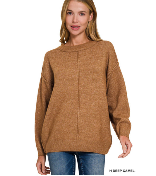 Miya Melange Center Seam Sweater in Deep Camel