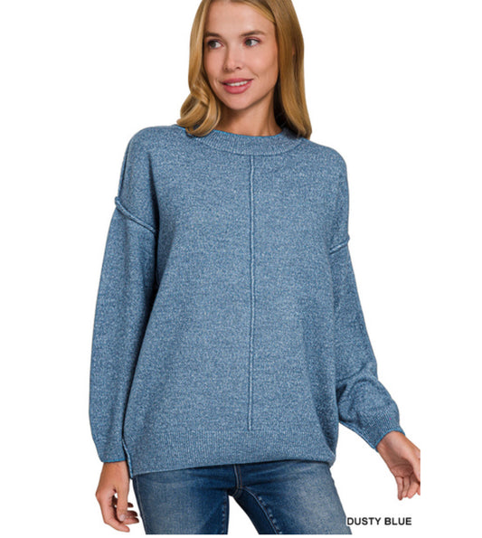 Miya Melange Center Seam Sweater in Dusty Blue