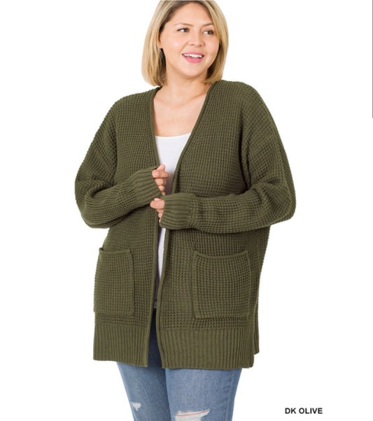 Stella Waffle Cardigan in Dark Olive