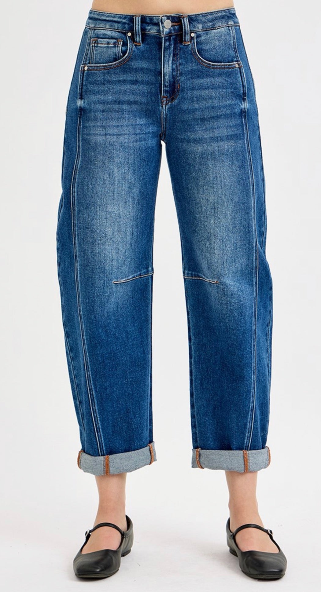 Risen Dark Washed Cropped Barrel Jeans