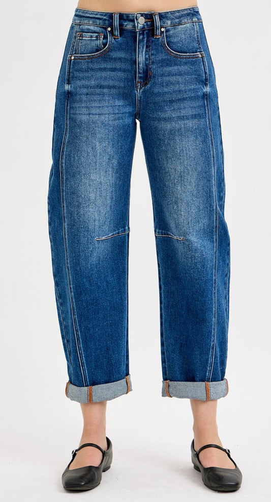 Risen Dark Washed Cropped Barrel Jeans