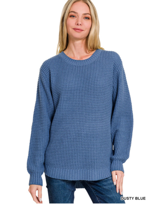 Moxi Waffle Knit Sweater in Dusty Blue