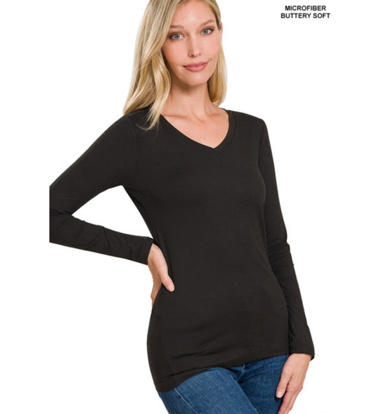 Butter Soft Long Sleeve Tee V-Neck Black