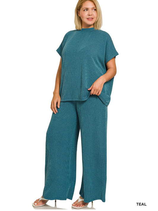 Layna Ribbed Two Piece Set in Teal- Curvy