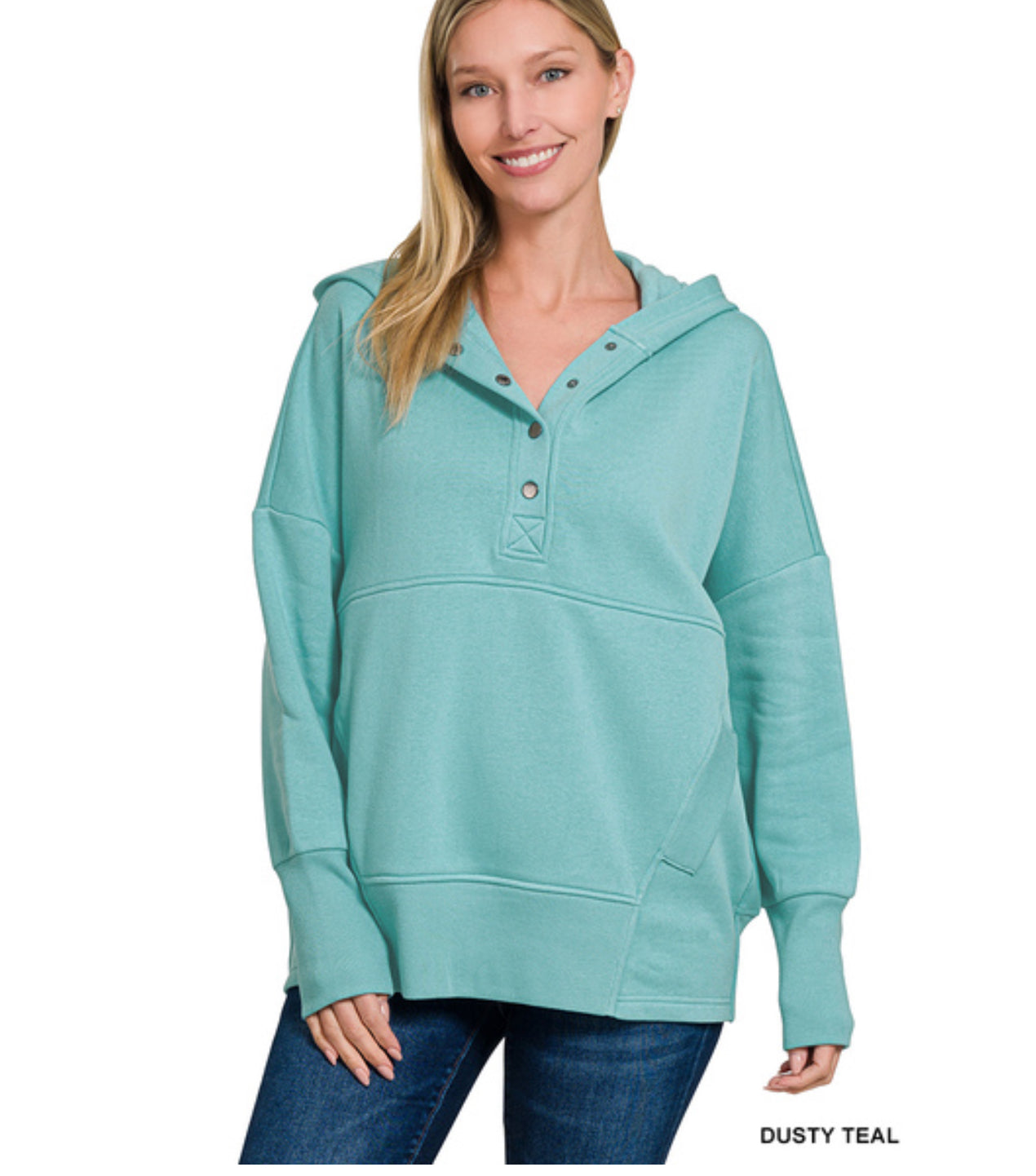 Halee Hooded Pullover in Dusty Teal