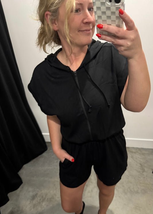 Half Zip Hooded Romper in Black