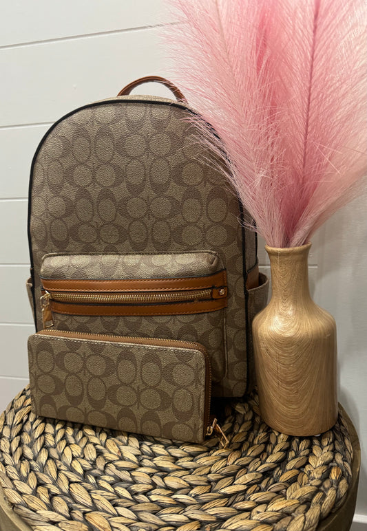 "C" Design Back Pack & Wallet in Brown