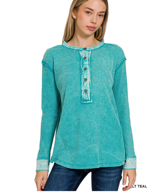 Waffle Knit Henley in Lt. Teal