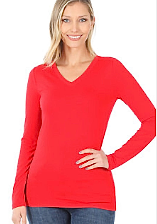 Butter Soft Long Sleeve Tee V-Neck Ruby