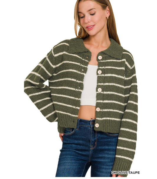 Parker Cropped Striped Cardigan in Dark Olive