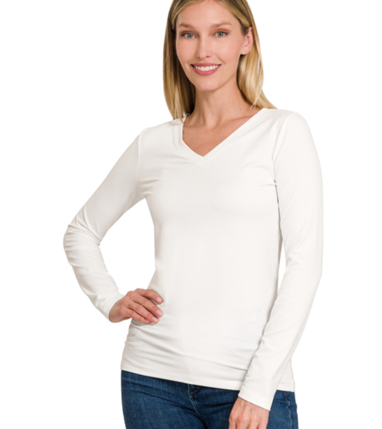 Butter Soft Long Sleeve Tee V-Neck White