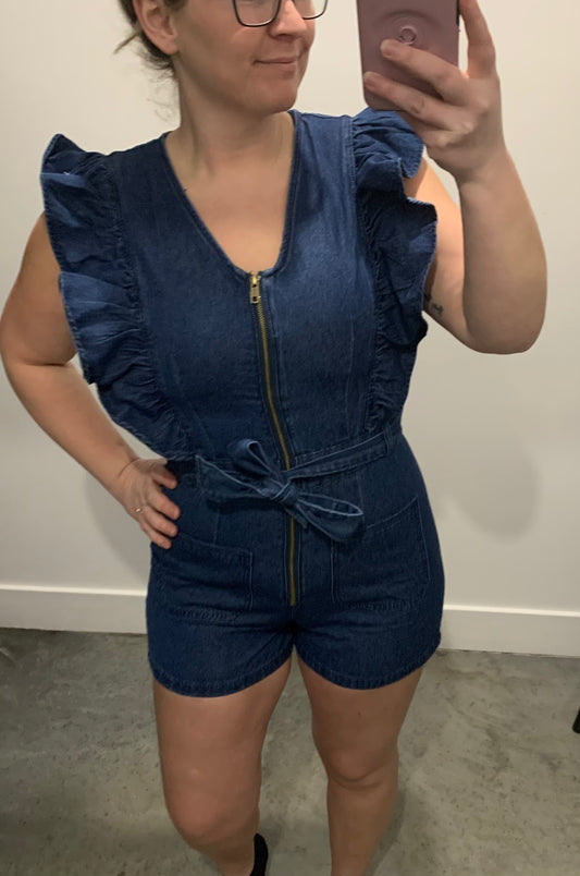 Ruffle Sleeve Denim Romper