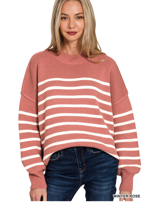 Lainey Oversized Striped Sweater in Winter Rose