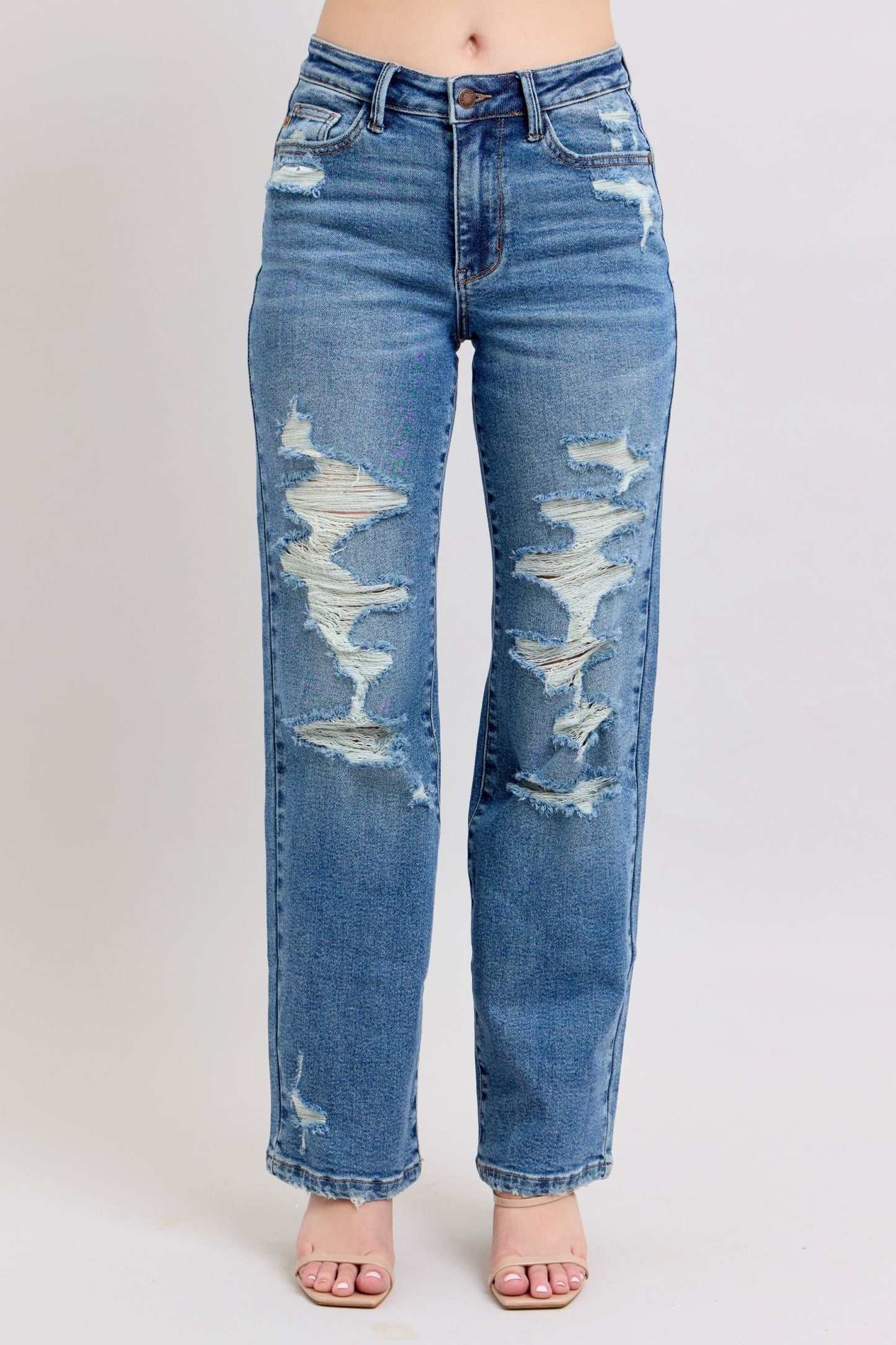 Judith Distressed Straight Leg Stretch Denim