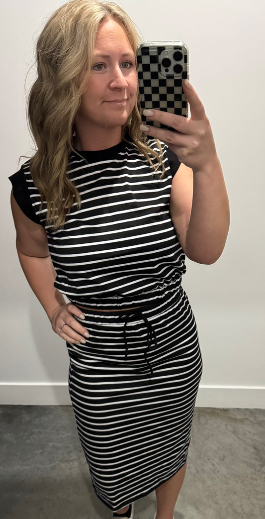 Knitted Stripe Top and Midi Skirt in Black