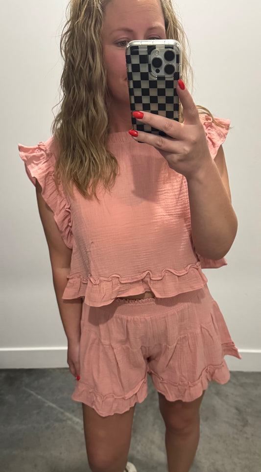 Ruffle Sleeve Preppy Set in Blush