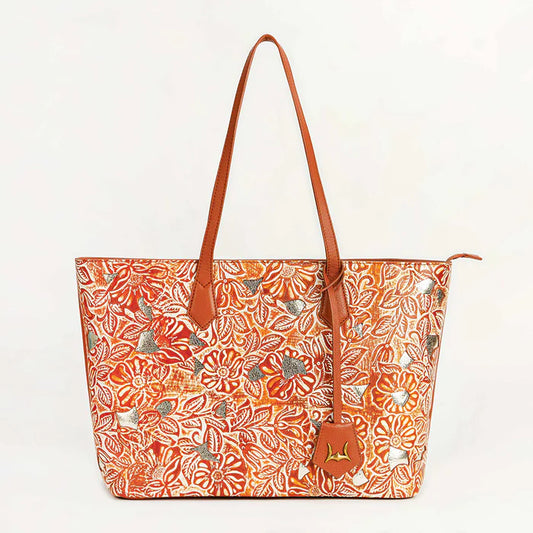Myra- Poppy Golden Floral Leather Tote Bag