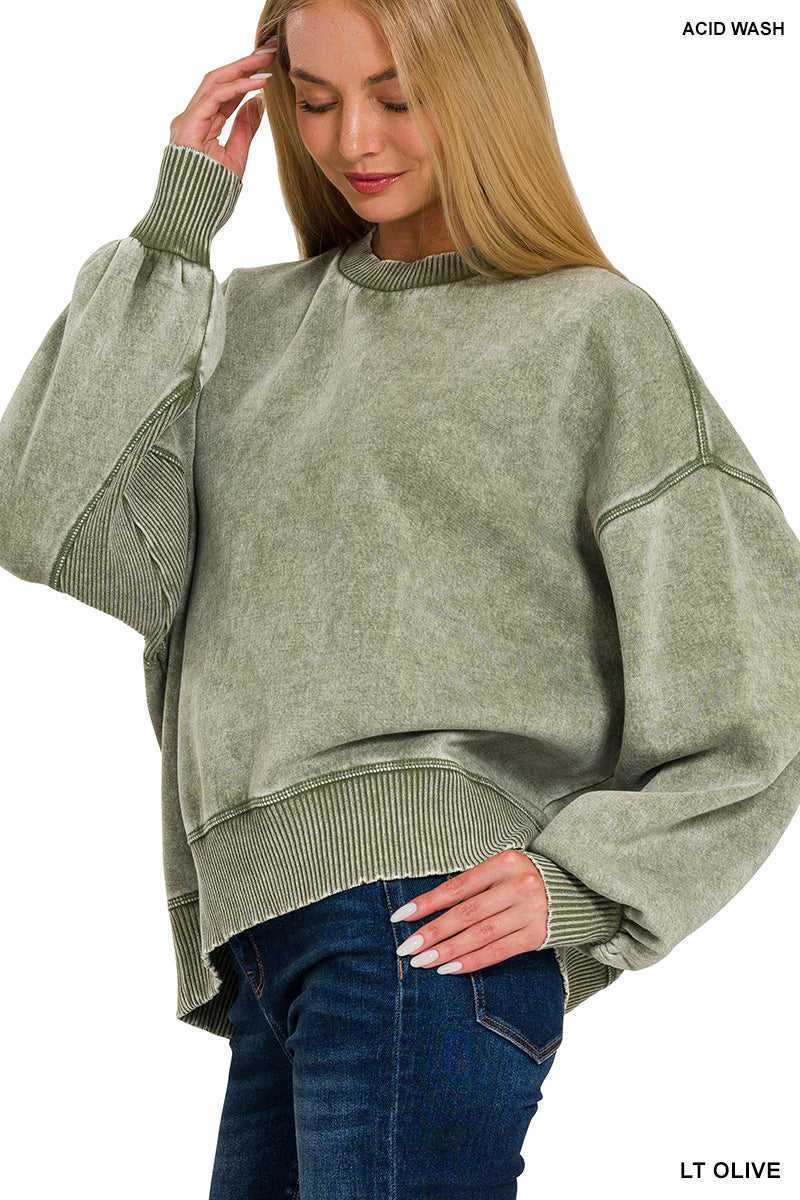 Irene Acid Washed Pullover in Light Olive