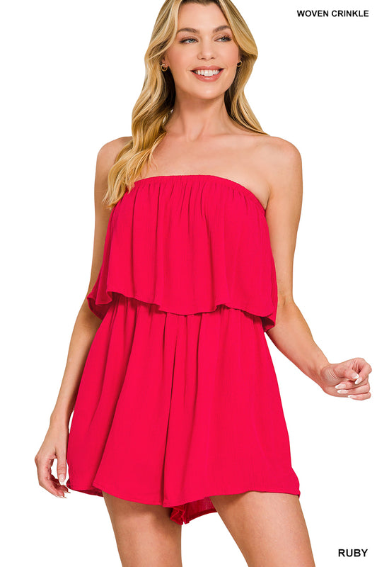 Alix Strapless Romper in Ruby