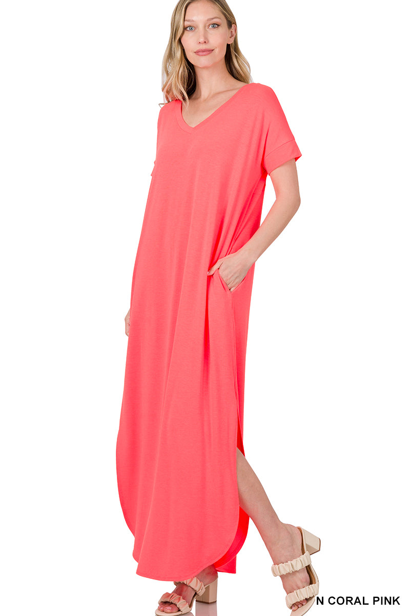 Layla Short Sleeve Maxi Dress w/pockets in Neon Coral Pink