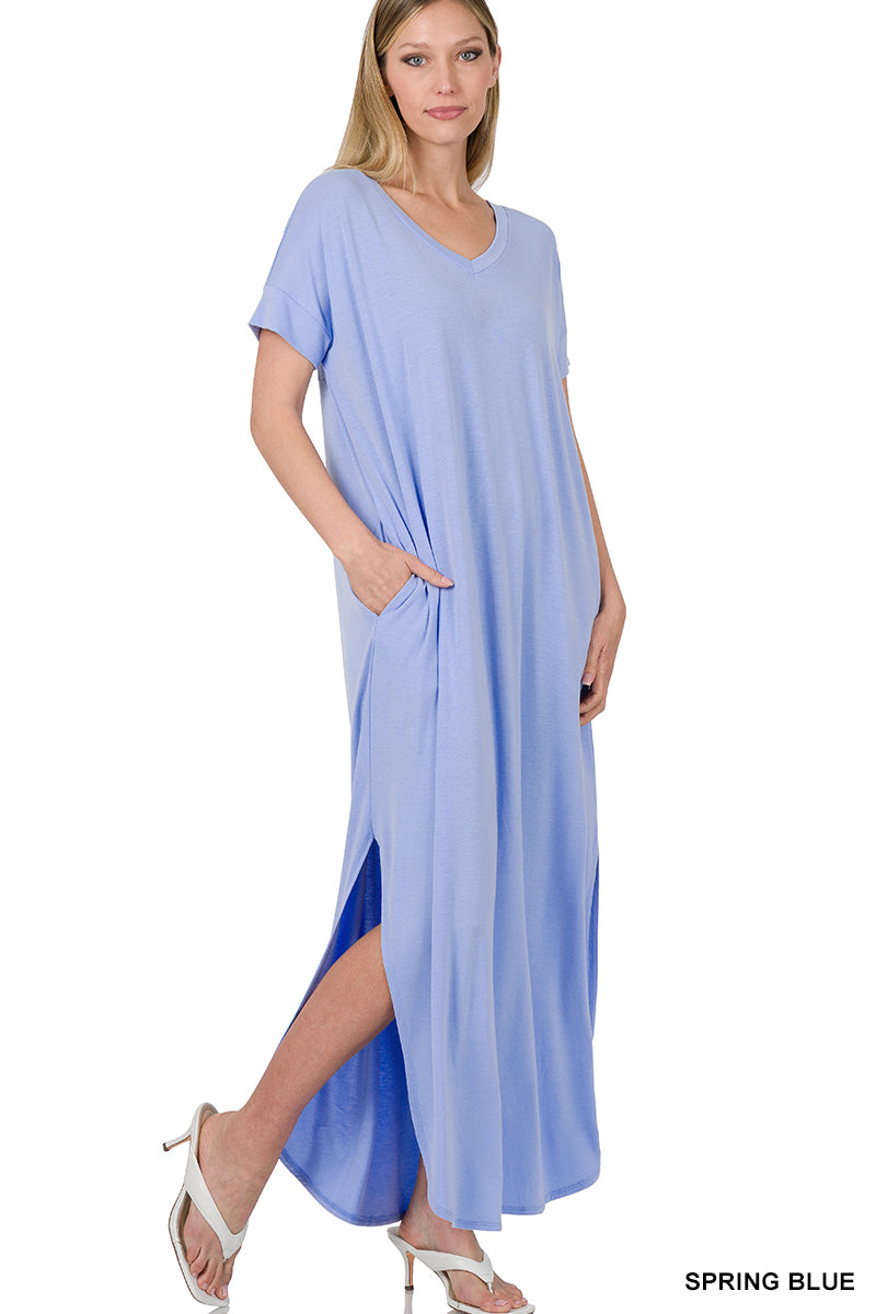 Layla Short Sleeve Maxi Dress w/pockets in Spring Blue