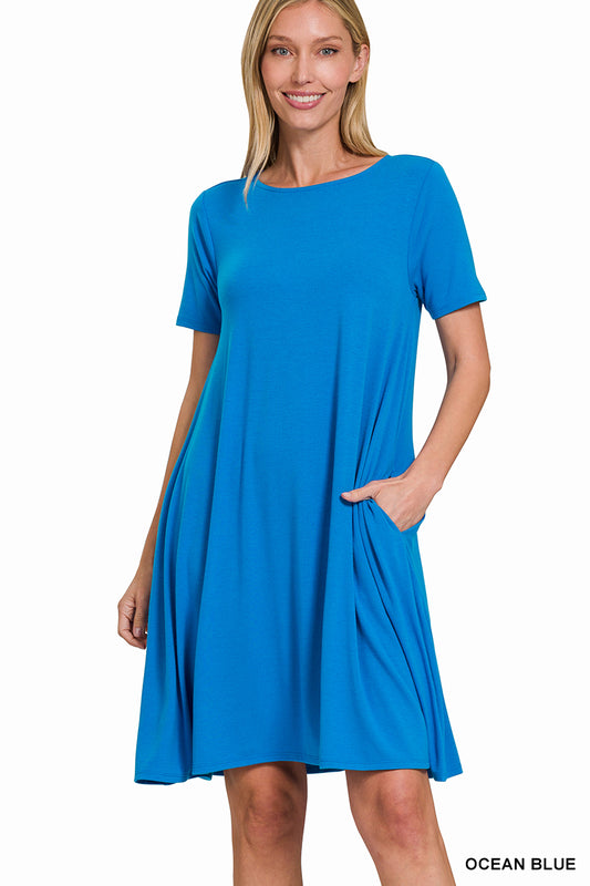 Carrie Short Sleeve Dress w/ Pockets in Ocean Blue