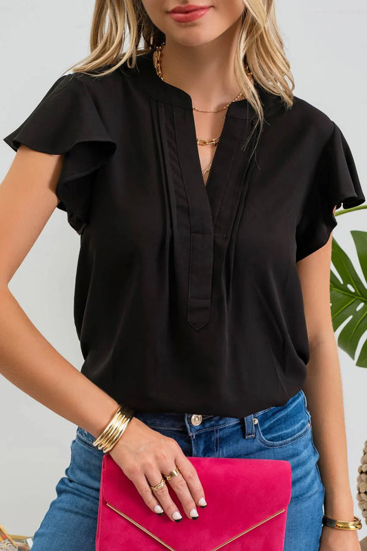 Blu Pepper - Pleated Split Neck Blouse in 3 color options