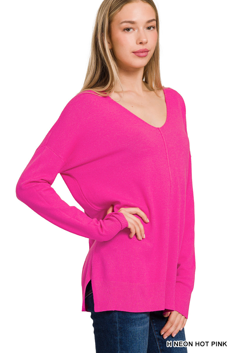 Lola Side Slit Sweater in Neon Hot Pink