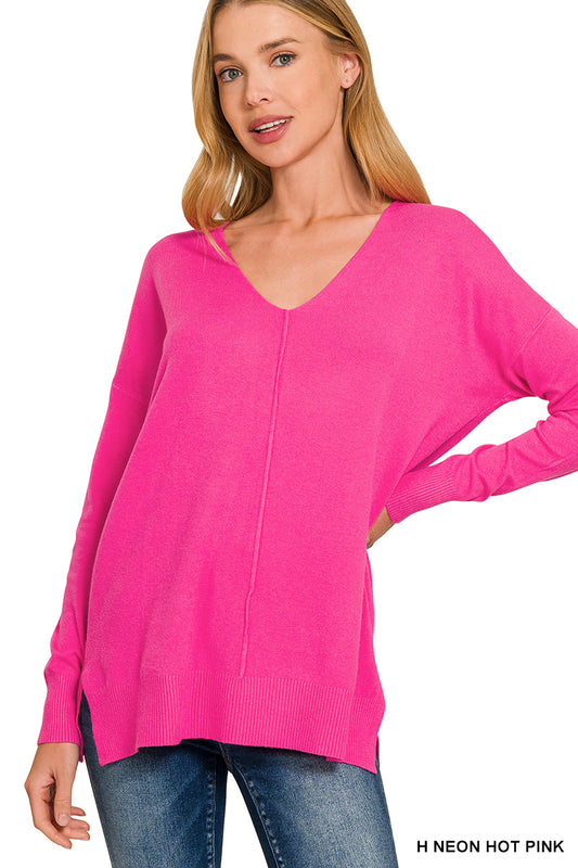 Lola Side Slit Sweater in Hot Pink