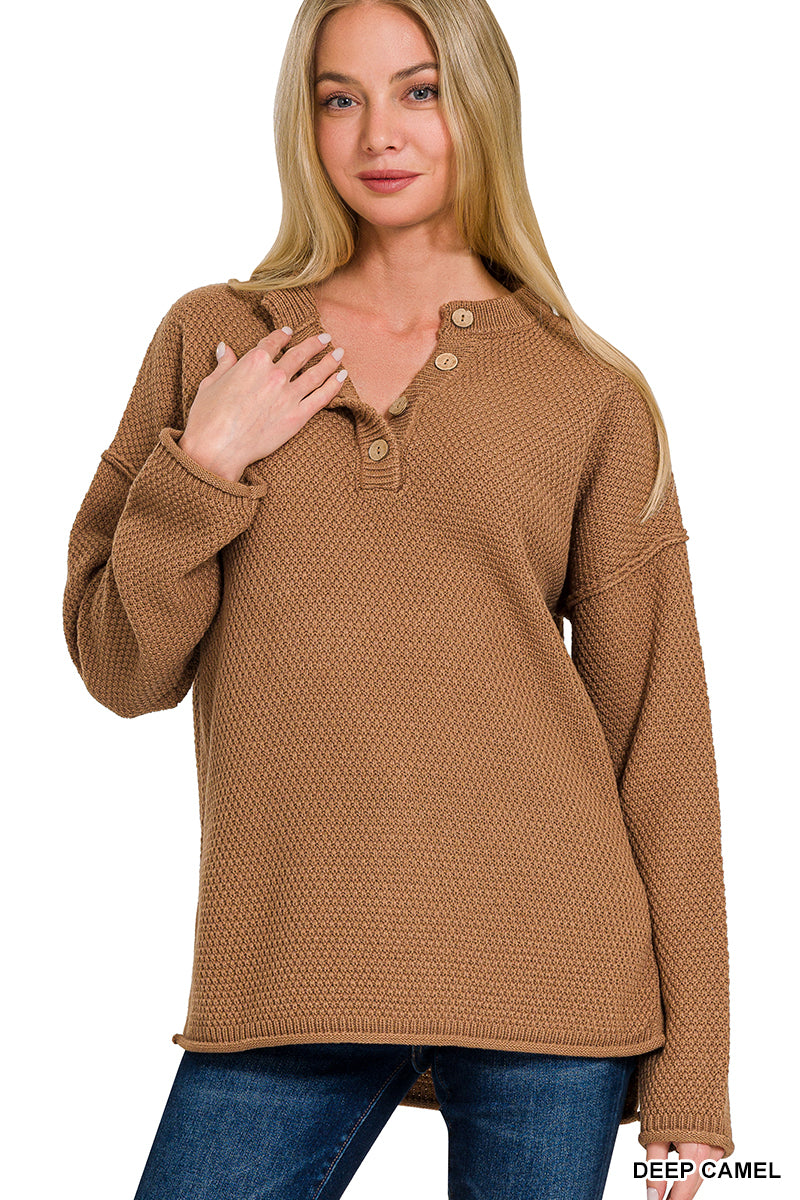 Waffle Knit Henley in Deep Camel