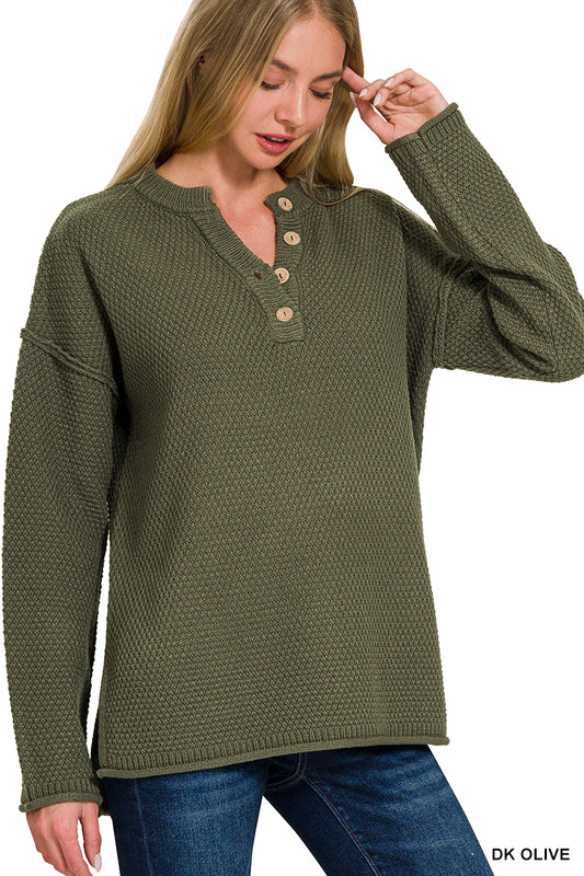 Waffle Knit Henley in Dark Olive