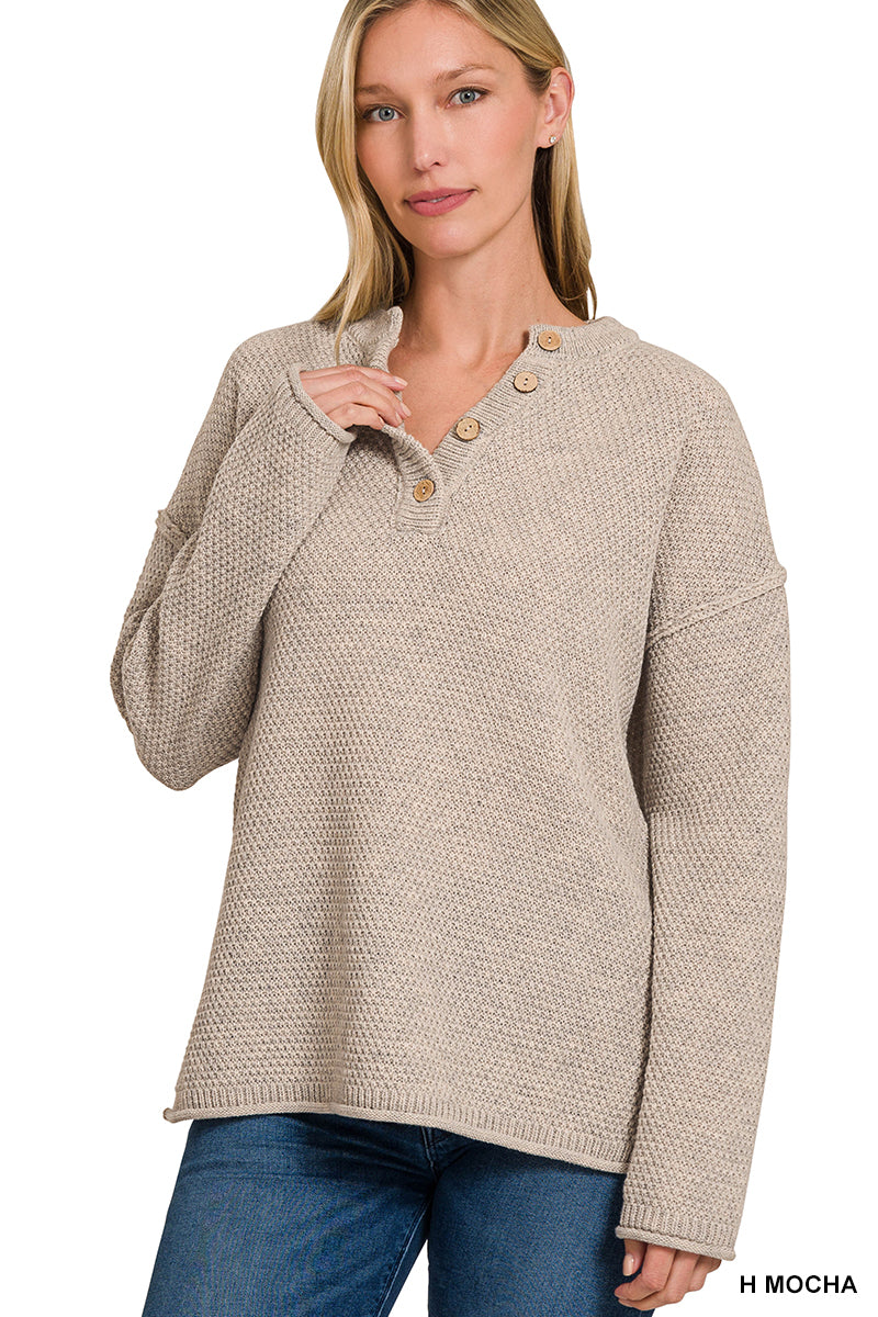 Waffle Knit Henley in Heather Mocha