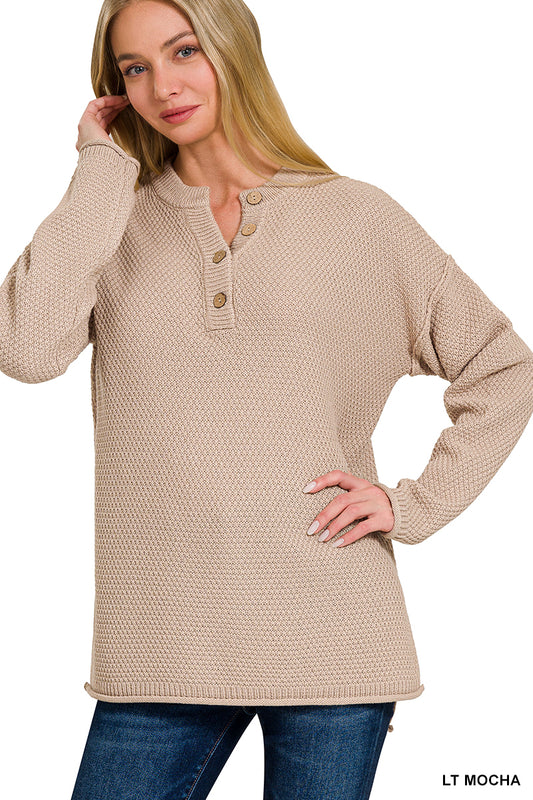 Waffle Knit Henley in Light Mocha