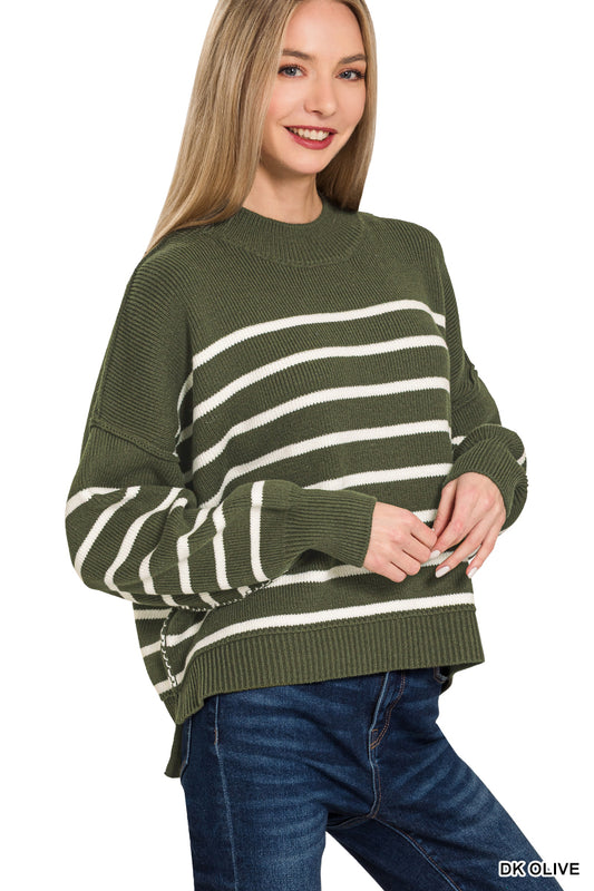 Lainey Oversized Striped Sweater in Dark Olive