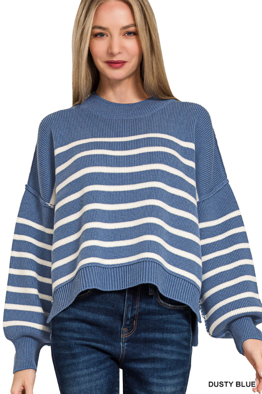 Lainey Oversized Striped Sweater in Dusty Blue