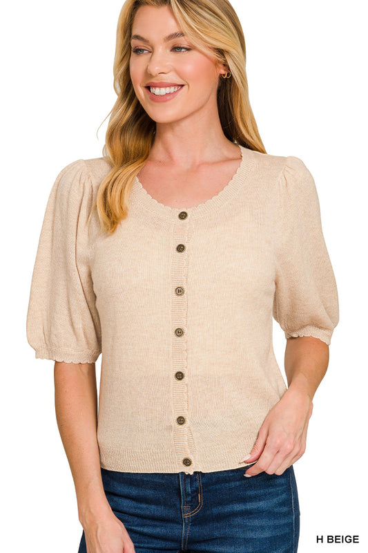 Lauryn Scalloped Cardigan in Heather Beige