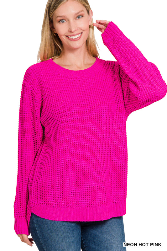 Moxi Waffle Knit Sweater in Hot Pink