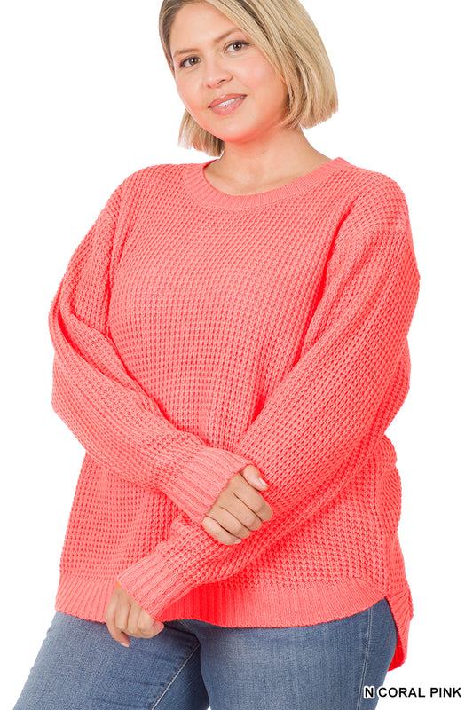 Moxi Waffle Knit Sweater in Neon Coral Pink