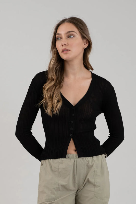 V Neck Button Down Cardigan In Black