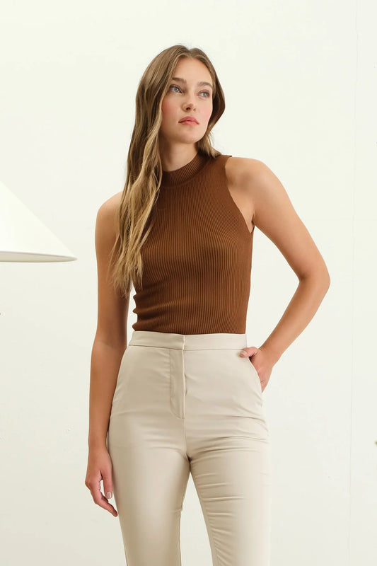 Mock Neck Sweater Tank in Brown