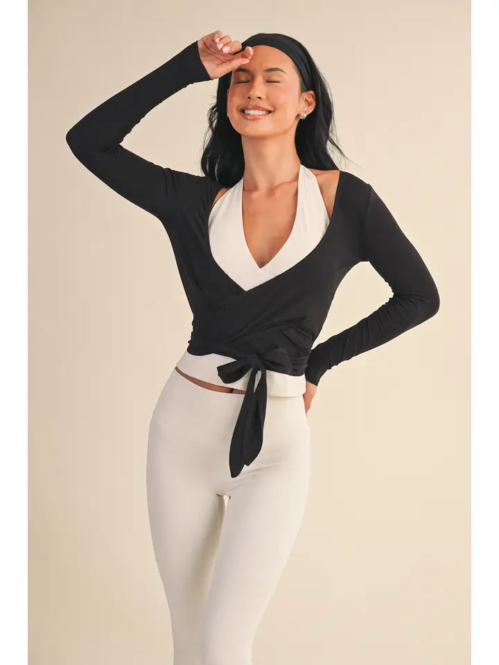 Long Sleeve Wrap Top in Black