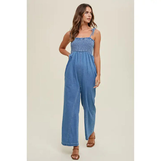 Denim Smocked Jumpsuit